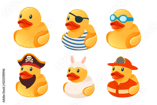 Set of dressed duck. Cute yellow rubber duck. Pirate, captain, rabbit, or firefighter costumes. Cartoon child toy for bath. Vector illustration isolated on white background