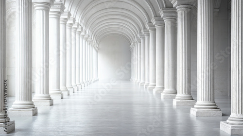 Obraz na płótnie A long colonnade of pristine white columns stretches into the distance, creating a sense of grandeur and timeless elegance. w salonie