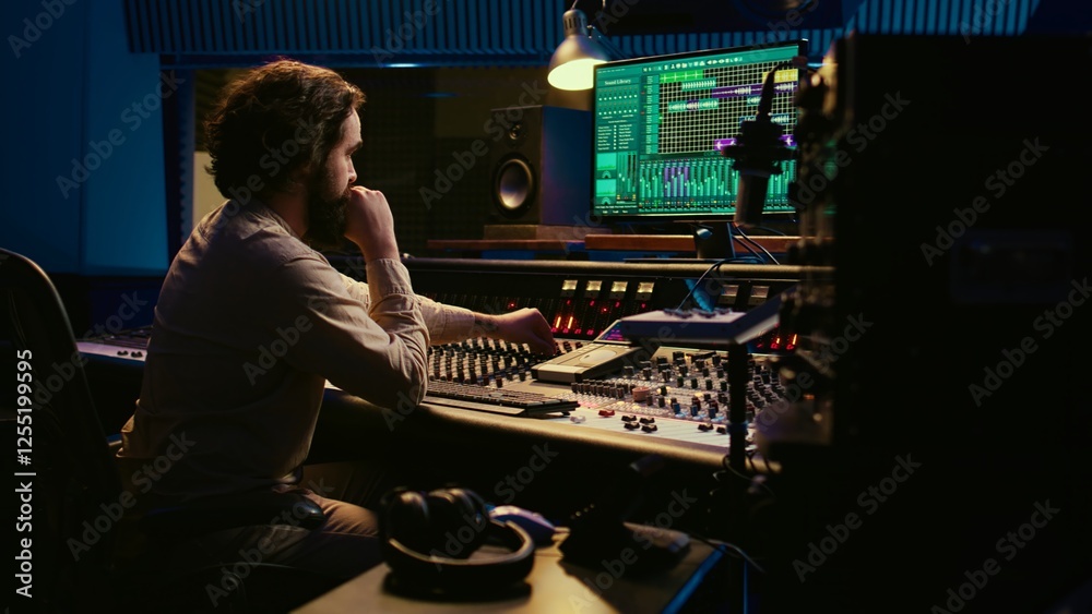 Music producer fixing coiled cable inside amplifier or audio compressor, prepares control room technical equipment for a recording session. Sound engineer works on producing tracks. Camera B. Music producer fixing coiled cable inside amplifier or audio compressor, prepares control room technical equipment for a recording session. Sound engineer works on producing tracks. Camera B.