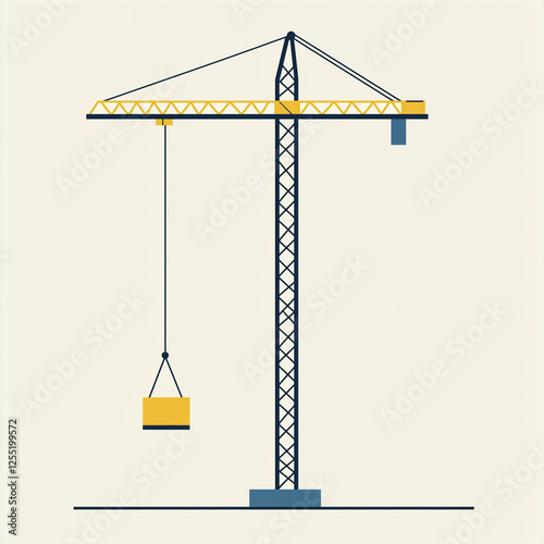 Simplistic illustration of a tall construction crane lifting a load on a pale background symbolizing heavy machinery and industrial development projects