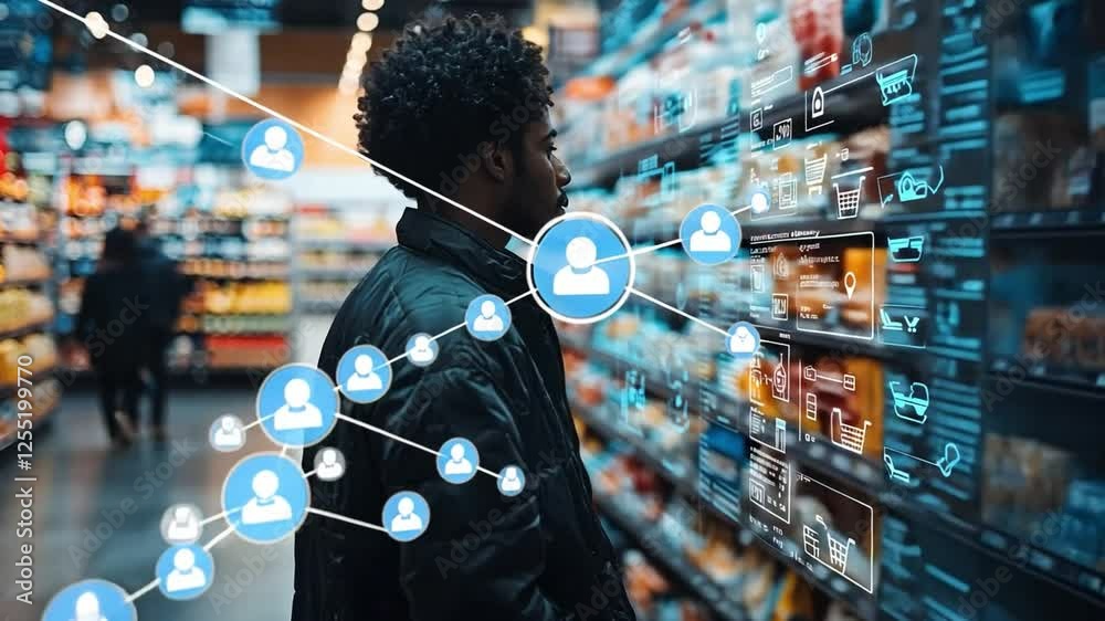 The Shopper and the Network: In a brightly lit supermarket, a man navigates the aisles, as a digital network of interconnected users hovers in the air around him.