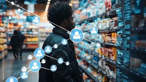 The Shopper and the Network: In a brightly lit supermarket, a man navigates the aisles, as a digital network of interconnected users hovers in the air around him.