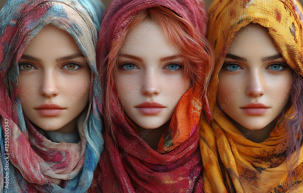 Stylish Overlapping Display of Blue Red and Yellow Textured Scarves Stylish Overlapping Display of Blue Red and Yellow Textured Scarves
