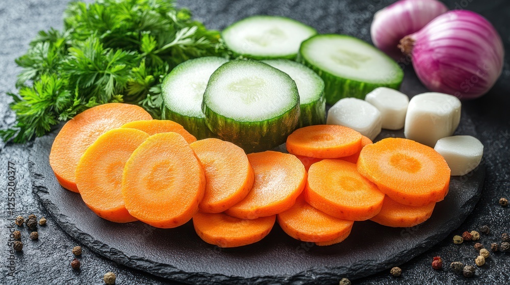 Sliced carrots, cucumbers, parsley, onion, and turnips on a black slate. Sliced carrots, cucumbers, parsley, onion, and turnips on a black slate.