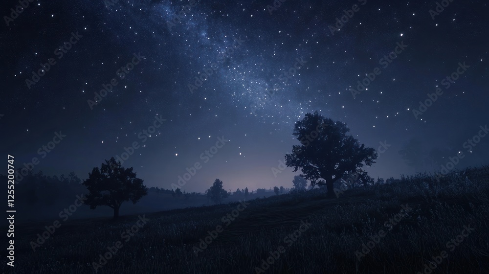 Night sky filled with stars over a serene landscape with trees