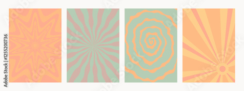 Abstract psychedelic retro pattern set. Groovy backgrounds in retro colors. Trendy vector textures in abstract y2k style. Vector graphic for posters and art prints