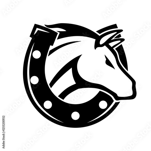 Monochrome icon horse with horseshoe on white background.