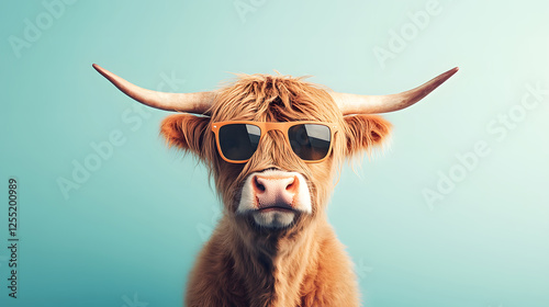 A Highland Cow in Sunglasses: Discover the Unique Charm of This Trendy, Fur-tastic Animal with a Playful Edge in a Vibrant Setting