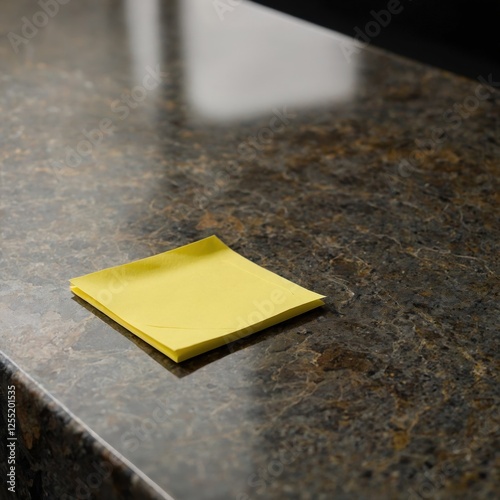 Single yellow sticky note on granite countertop photo