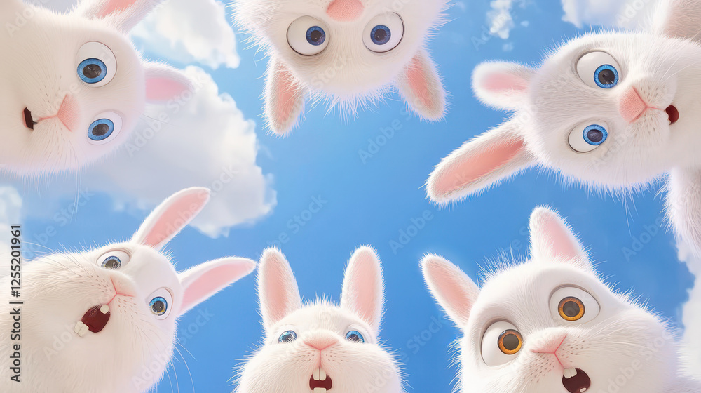 Fototapeta premium Adorable rabbits looking curiously downward on a bright sunny day