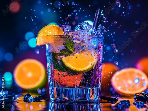 Refreshing cocktail with citrus garnishes on a vibrant background. Generative AI