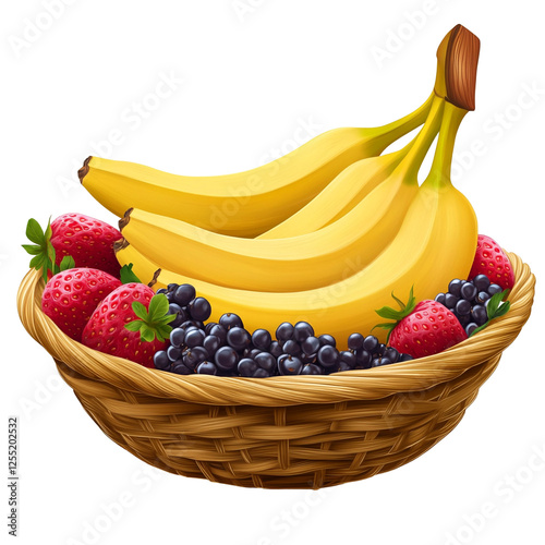 A bunch of fresh bananas with assorted fruits and berries on a Transparent Background