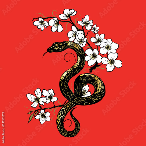 Schlange zum Jahr der Schlange im Chinesischen Horoskop mit Kirschblüten. Vektor Hintergrund.