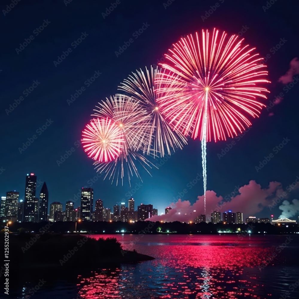 Massive fireworks burst over city skyline at night, night scene, fireworks Massive fireworks burst over city skyline at night, night scene, fireworks