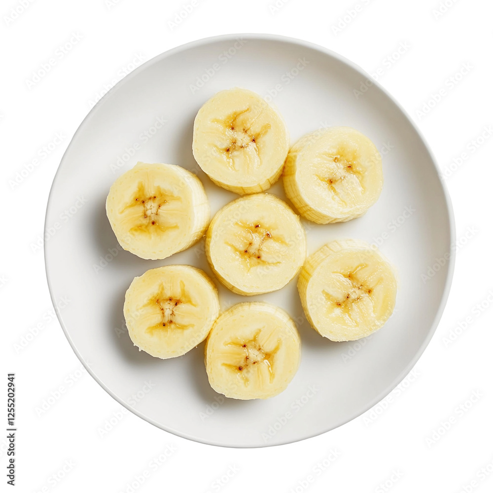 Top View of Freshly Sliced Bananas Arranged on a White Plate – Perfect for Healthy Eating Concepts and Culinary Presentations Top View of Freshly Sliced Bananas Arranged on a White Plate – Perfect for Healthy Eating Concepts and Culinary Presentations