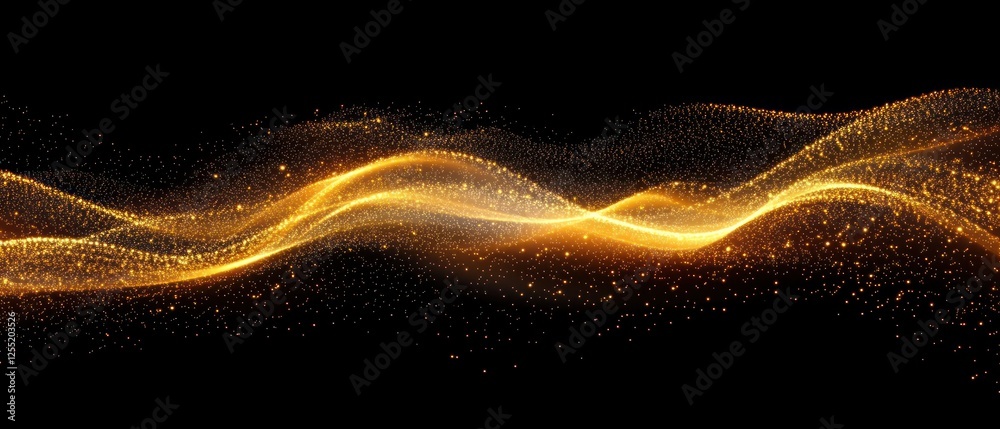 Abstract golden wave pattern with sparkling particles on a black background, ideal for design and artistic projects Abstract golden wave pattern with sparkling particles on a black background, ideal for design and artistic projects