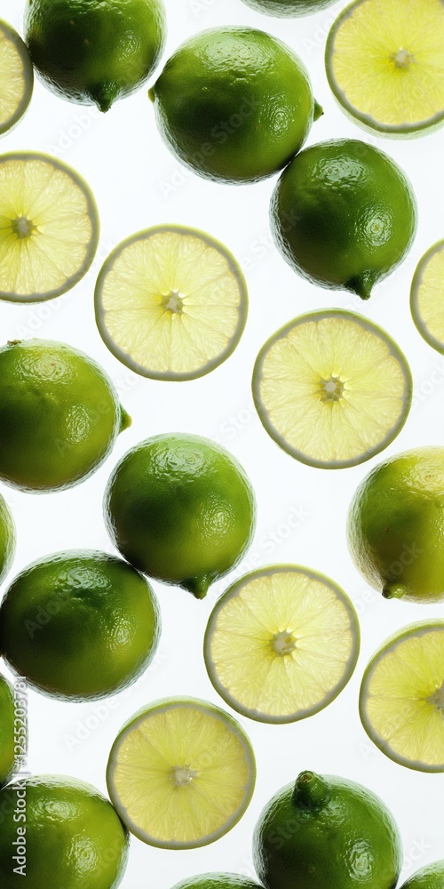 Green lime fruits on white. Top view flat lay Green lime fruits on white. Top view flat lay