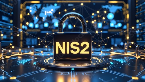 NIS2 Cyber Security:  A futuristic padlock adorned with the inscription 