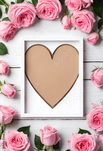 Pink rose flowers and heart with space for text