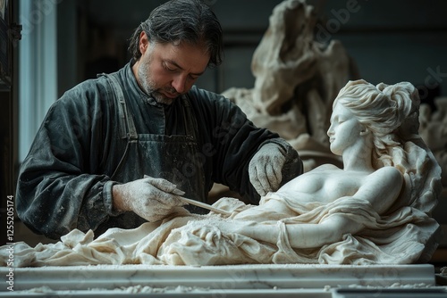 A skilled sculptor meticulously chisels a reclining female marble statue, showcasing his artistry and dedication.