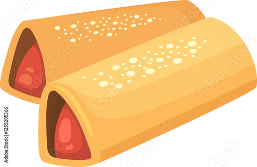 Two rectangular pastries filled with red fruit jam, sprinkled with sugar lie on a white background, creating a tempting scene for bakery lovers