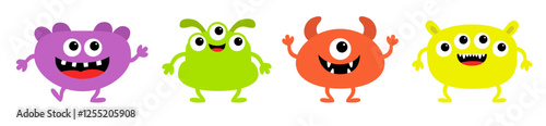 Cute monster set line. Different face. Happy Halloween. Colorful silhouette monsters. Kawaii cartoon funny boo character. Eyes, teeth, horns hands. Childish style. Flat design. White background Vector