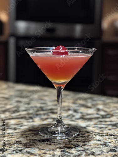 Colorful cocktail served in a martini glass on a granite countertop. Generative AI