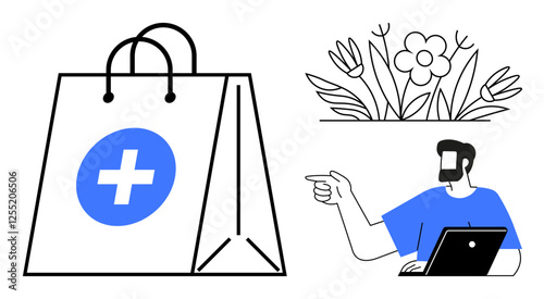 Man with laptop points at a shopping bag featuring a medical cross icon, alongside a floral doodle. Ideal for e-commerce, health, wellness, online shopping, floristry, digital marketing, education
