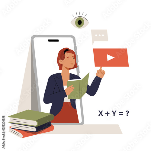 Female Educator Conducting Online Lesson In Flat Vector Illustration Symbolizing Digital Learning, Remote Education, And Knowledge Sharing, Isolated On White Background.