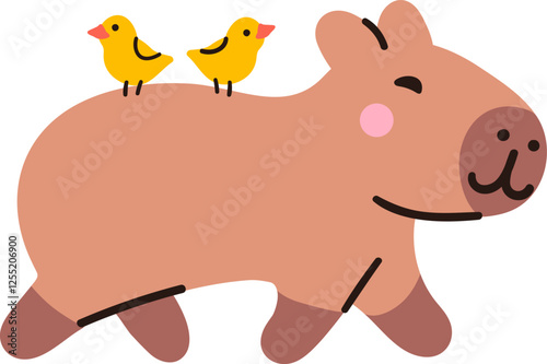 Cute kawaii walking capybara with birds on its back, isolated on white background. Funny sticker for the decoration of a card, poster, banner, diary. Vector illustration, simple flat design