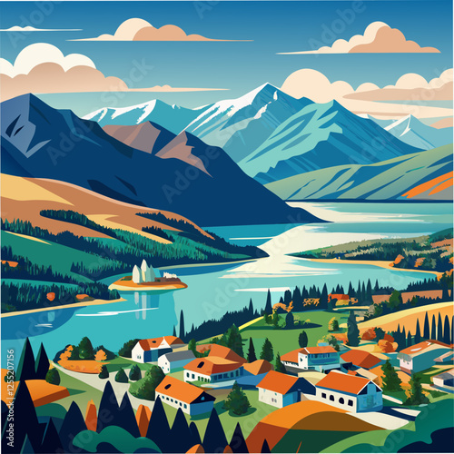 Beautiful top view land scape of lake wanaka town in cloudy day spring season