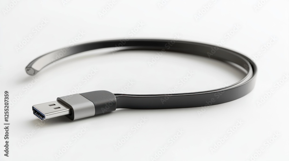 Flat USB-C cable on white background; tech accessory Flat USB-C cable on white background; tech accessory