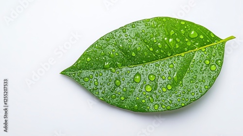 Close Up Of Wet Green Leaf On White Background photo