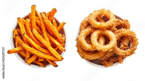 Delicious Duo: Crispy Golden Onion Rings and Sweet Potato Fries on White Background photo