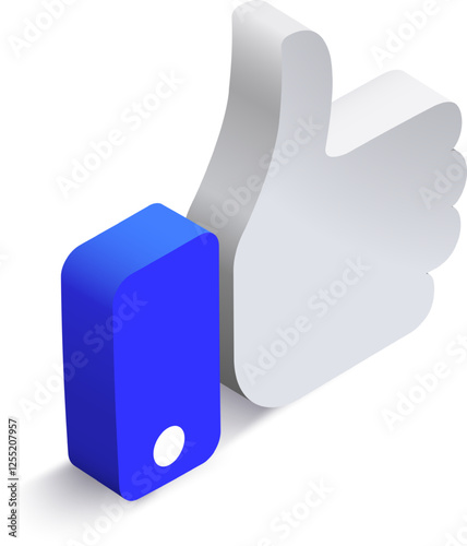 Blue and white 3D isometric thumbs up symbol conveying approval, agreement, and positive feedback, representing social media engagement and encouraging communication