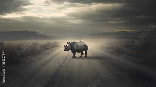 A powerful rhino standing in the middle of a dusty road, staring at the camera.