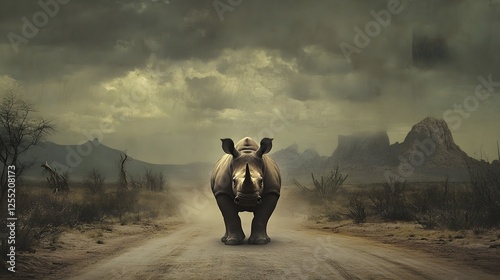 A powerful rhino standing in the middle of a dusty road, staring at the camera.
