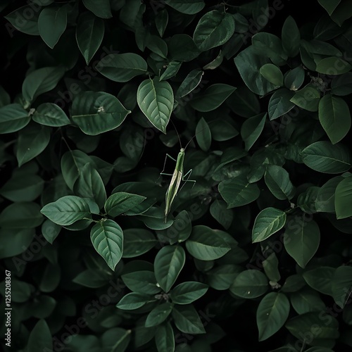 A praying mantis motionless among the green leaves, indistinguishable from its surroundings.