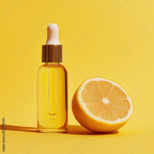Lemon oil serum bottle and half lemon on yellow
