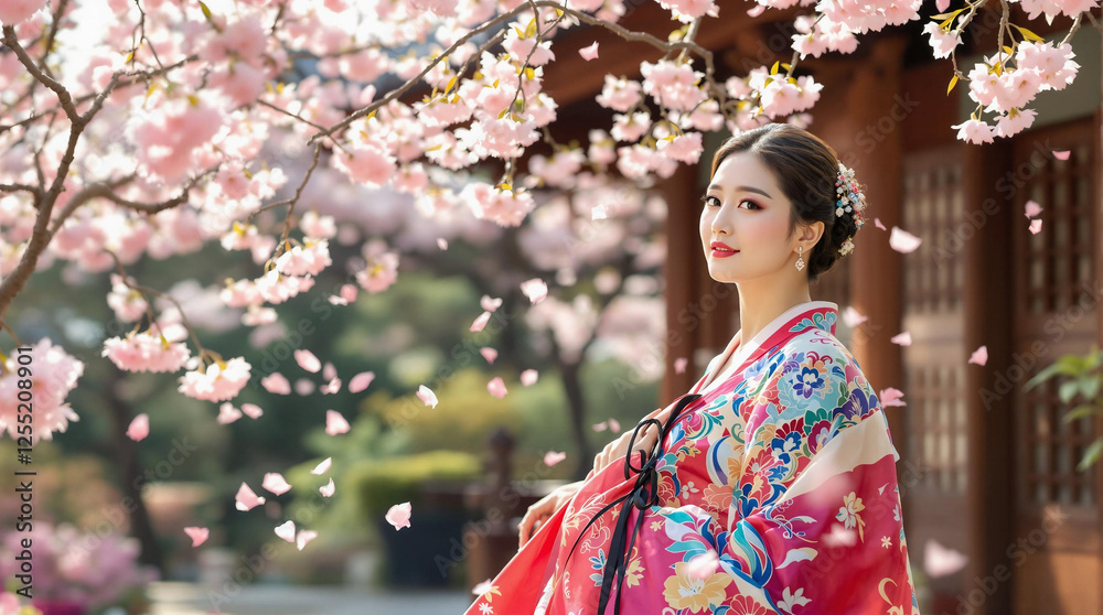 Fototapeta premium A woman in a hanbok stands under cherry blossoms in a tranquil garden as petals fall gently around her.Una mujer con hanbok está bajo los cerezos en flor en un jardín tranquilo mientras los pétalos