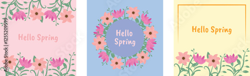 Set, Hello, Spring, Spring banner template with colorful flowers, beautiful flower. Social media, voucher, holidays, wallpaper, flyers, invitations, posters, brochures