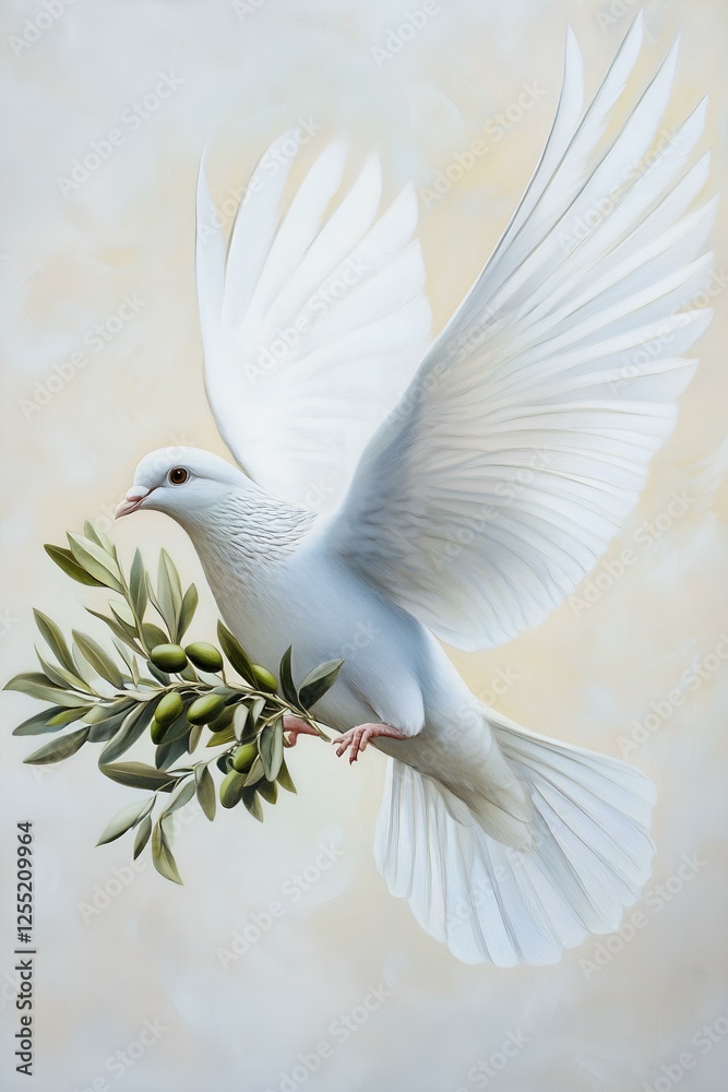 Fototapeta premium A white dove with spread wings carrying an olive branch, symbolizing peace and harmony against a soft background.