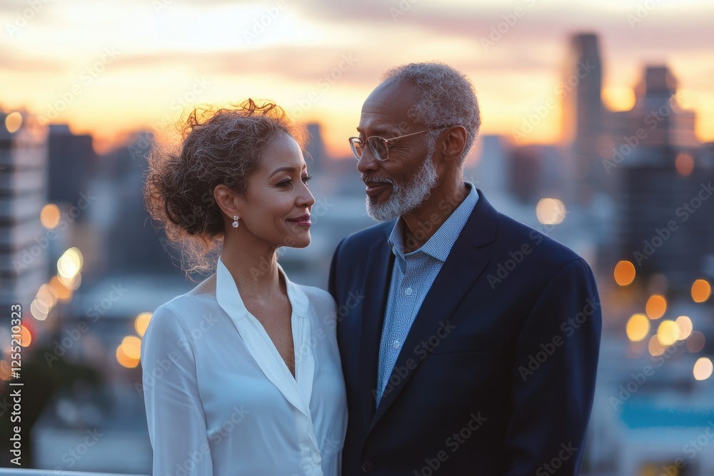 An affectionate older couple gazing at each other against a vibrant city sunset. An affectionate older couple gazing at each other against a vibrant city sunset.