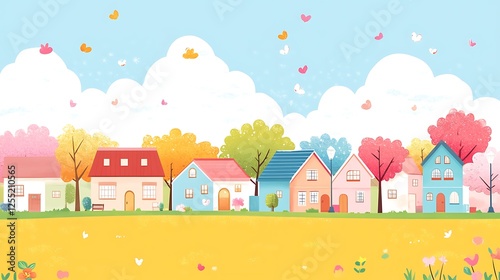 Colorful townhouses with trees and clouds.  Possible use Spring-themed background