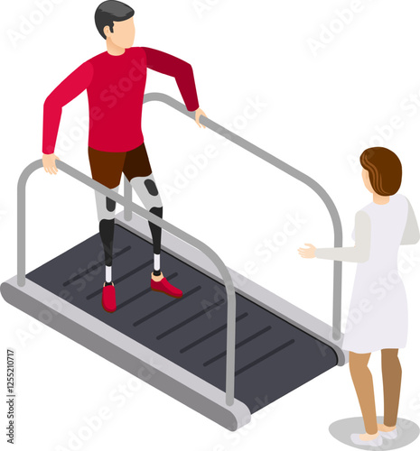 Doctor assisting a patient with prosthetic legs while exercising on a treadmill during a rehabilitation session in a modern clinic, highlighting the journey of recovery and determination