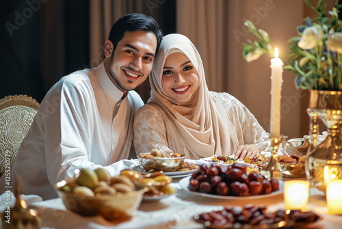 A loving Muslim couple sitting together at a beautifully set table for Iftar during Ramadan, with dates, fresh fruits, and traditional dishes, soft candlelight