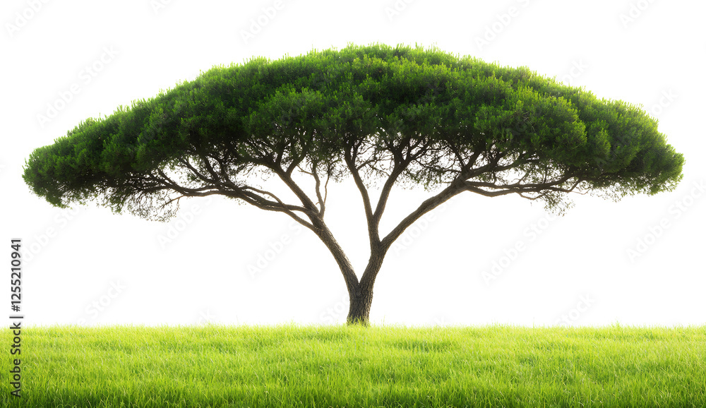 Fototapeta premium A pine tree on a grassy field, against a white background, in PNG format, a cutout, vector graphics, 3D rendering, high resolution, high quality, high detail, high definition, professional photography