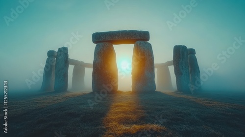 Sunrise through ancient stone circle in mist.