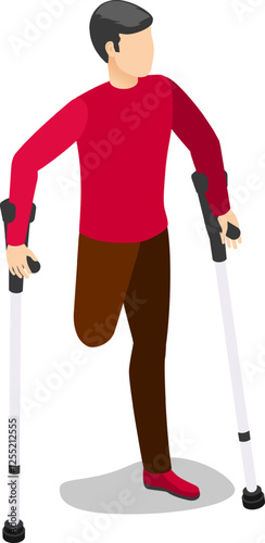 Young man using crutches to walk, demonstrating resilience and adaptation to physical limitations, promoting awareness and support for people with disabilities