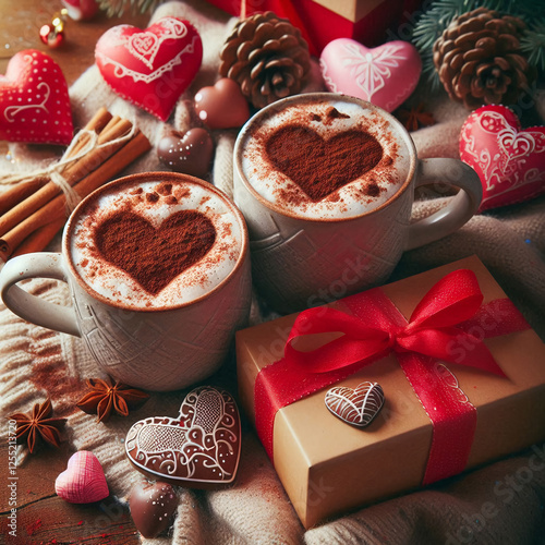 Hot drink decorated with hearts in pink cups, Gift, astmosphere of romance. Valentine's Day holiday, women's holiday on March 8. Neutral background. photo